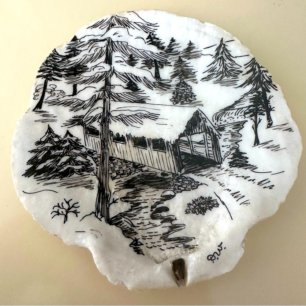 HandPainted Hand Drawn Signed Original Shell Art Woods Covered Bridge Snow Scene